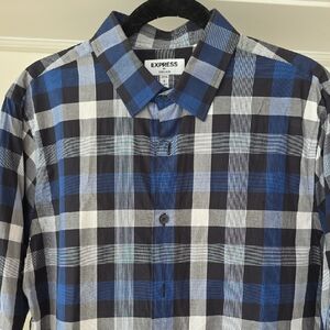 Express Men's Black and Blue Checkered Shirt